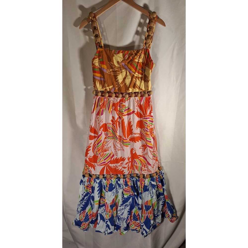 Farm Rio Bird Colorblock Midi Dress Wooden Bead Straps Tropical Print Small